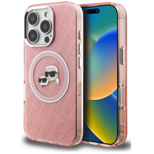 Karl Lagerfeld IML K&CH Heads Repeated Logo iPhone 16 Pro Max MagSafe kompatibilis hátlap tok, rózsaszín