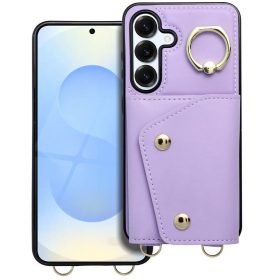   Wonder Samsung Galaxy S25 Edge kártyatartós tok gyűrűs kitámasztóval, csuklóra / vállra akasztható pánttal, lila
