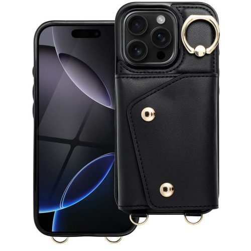 Wonder iPhone 12/12 Pro kártyatartós tok gyűrűs kitámasztóval, csuklóra / vállra akasztható pánttal, fekete
