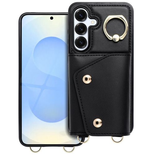 Wonder Samsung Galaxy A55 5G kártyatartós tok gyűrűs kitámasztóval, csuklóra / vállra akasztható pánttal, fekete