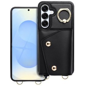   Wonder Samsung Galaxy A36 5G kártyatartós tok gyűrűs kitámasztóval, csuklóra / vállra akasztható pánttal, fekete