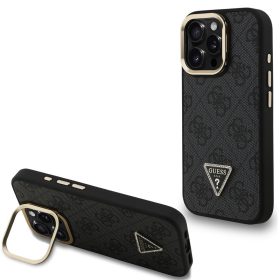   Guess PU 4G Strass Triangle Logo Apple iPhone 16 Pro MagSafe tok kitámasztható kamera peremmel, fekete-arany