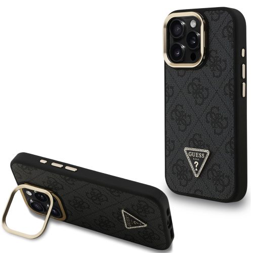 Guess PU 4G Strass Triangle Logo Apple iPhone 16 Pro MagSafe tok kitámasztható kamera peremmel, fekete-arany