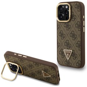  Guess PU 4G Strass Triangle Logo Apple iPhone 16 Pro MagSafe tok kitámasztható kamera peremmel, barna-arany