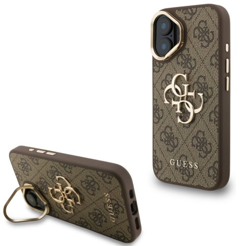 Guess PU 4G Metal Logo Apple iPhone 16 hátlap tok kitámasztható kamera peremmel, barna-arany