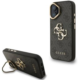   Guess PU 4G Metal Logo Apple iPhone 16 hátlap tok kitámasztható kamera peremmel, fekete-arany