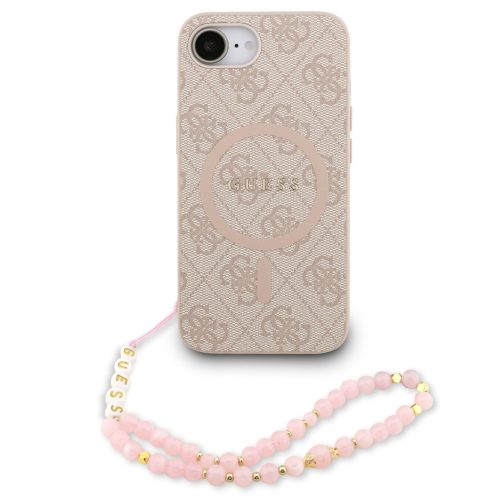 Guess PU Leather 4G Colored Ring Strap Apple iPhone 17e / iPhone 16e MagSafe tok korall színű karpánttal, rózsaszín-arany