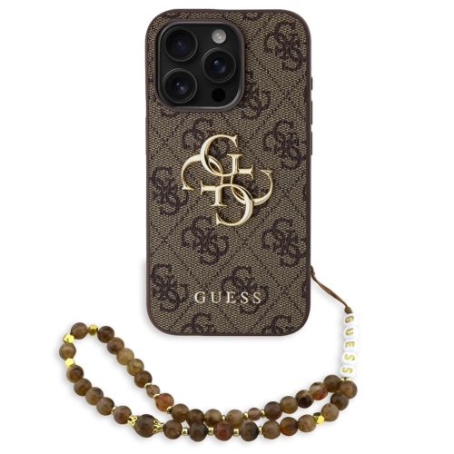Guess PU 4G Metal Logo Strap Apple iPhone 15 Pro hátlap tok barna színű karpánttal, barna-arany