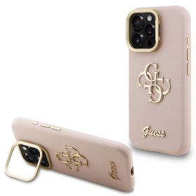   Guess PU Grained 4G Logo Stand Camera Frame iPhone 15 Pro hátlap tok kitámasztóval, rózsaszín