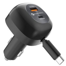   Forcell F-Energy USB-C-USB-A autós töltő behúzható kábellel, PD QC4.0, SFC2.0, 3A, 75W, fekete