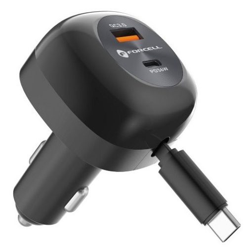 Forcell F-Energy USB-C-USB-A autós töltő behúzható kábellel, PD QC4.0, SFC2.0, 3A, 75W, fekete