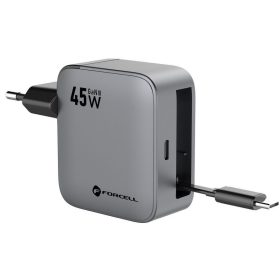   Forcell F-Energy GaN III VT-R5 USB-C utazó töltő adapter visszahúzható USB-C kábellel, PD, QC4.0, 45W, szürke