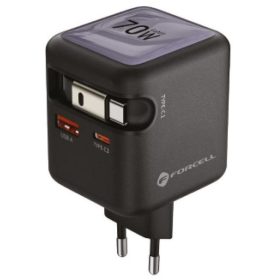   Forcell F-Energy GaN III VT-R7 USB-C-USB-A utazó töltő adapter visszahúzható USB-C kábellel, PD, QC4.0, 70W, szürke