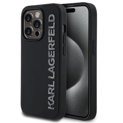 Karl Lagerfeld 3D Rubber Glitter Logo iPhone 14 Pro csillámos hátlap tok, fekete