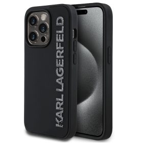   Karl Lagerfeld 3D Rubber Glitter Logo iPhone 15 Pro Max csillámos hátlap tok, fekete