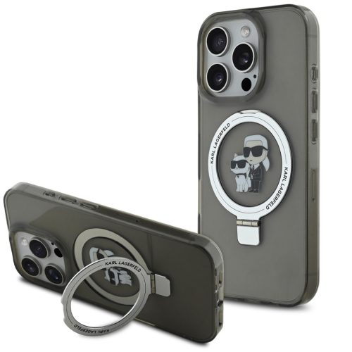 Karl Lagerfeld Ringstand Karl and Choupette iPhone 16 Pro Max MagSafe tok kitámasztóval, fekete