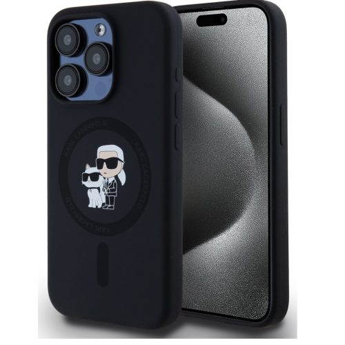 Karl Lagerfeld Liquid Silicone Karl and Choupette MagSafe iPhone 15 Pro hátlap tok, fekete