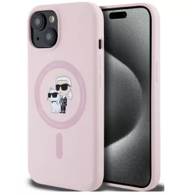   Karl Lagerfeld Liquid Silicone Karl and Choupette MagSafe iPhone 15 hátlap tok, rózsaszín