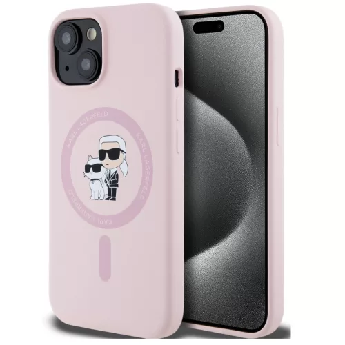 Karl Lagerfeld Liquid Silicone Karl and Choupette MagSafe iPhone 15 hátlap tok, rózsaszín