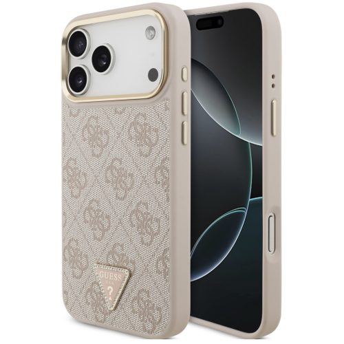 Guess PU Leather 4G Triangle Logo Gold Frame Apple iPhone 17 Pro MagSafe hátlap tok, rózsaszín