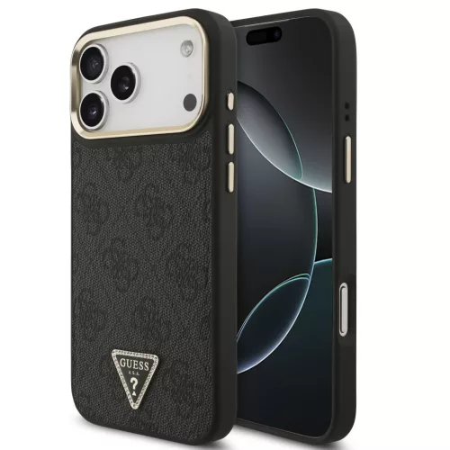 Guess PU Leather 4G Triangle Logo Gold Frame Apple iPhone 17 Pro Max MagSafe hátlap tok, fekete