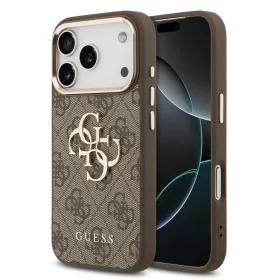   Guess PU Leather 4G Metal Logo Gold Frame Apple iPhone 17 Pro hátlap tok, barna