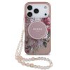 Guess IML Flowers Strap Apple iPhone 17 Pro MagSafe hátlap tok karpánttal, rózsaszín