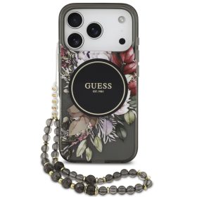   Guess IML Flowers Strap Apple iPhone 17 Pro MagSafe hátlap tok karpánttal, fekete