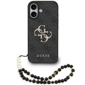   Guess PU 4G Metal Logo Strap Apple iPhone 17 hátlap tok karpánttal, fekete