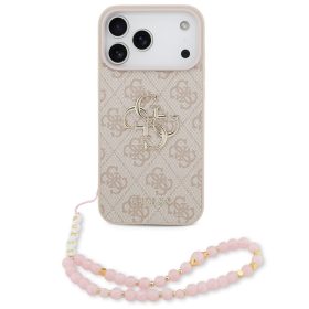   Guess PU 4G Metal Logo Strap Apple iPhone 17 Pro Max hátlap tok karpánttal, rózsaszín
