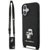 Karl Lagerfeld Saffiano Crossbody Strap Metal Karl and Choupette Apple iPhone 17 hátlap tok pánttal, fekete