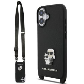   Karl Lagerfeld Saffiano Crossbody Strap Metal Karl and Choupette Apple iPhone 17 hátlap tok pánttal, fekete