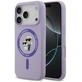   Karl Lagerfeld Liquid Silicone Karl and Choupette MagSafe iPhone 17 Pro Max hátlap tok, lila