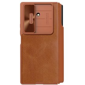   Nillkin Qin Pro Samsung Galaxy Z Fold 7 bőr flip tok S-Pen / kártyatartóval, csúsztatható kameravédővel, barna