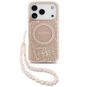   Guess IML Flowers Allover Strap Apple iPhone 17 Pro Max MagSafe hátlap tok karpánttal, rózsaszín