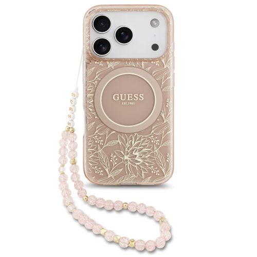 Guess IML Flowers Allover Strap Apple iPhone 17 Pro Max MagSafe hátlap tok karpánttal, rózsaszín