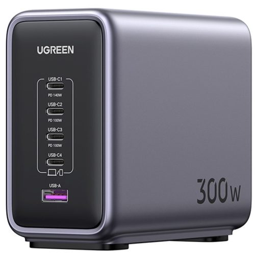 Ugreen Nexode CD333 4xUSB-C-USB-A hálózati töltő, USB-C kábellel, GaN, 300W + 240W, szürke