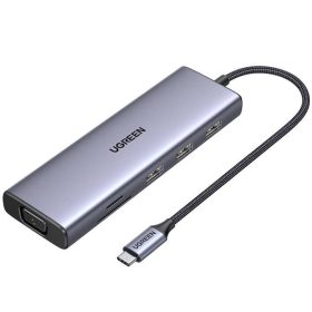   Ugreen CM498 Hub USB-C-3xUSB 3.0, HDMI 4k 30Hz, VGA, RJ45, SD/TF, PD, 100W, szürke