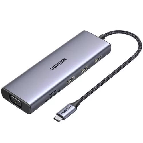 Ugreen CM498 Hub USB-C-3xUSB 3.0, HDMI 4k 30Hz, VGA, RJ45, SD/TF, PD, 100W, szürke