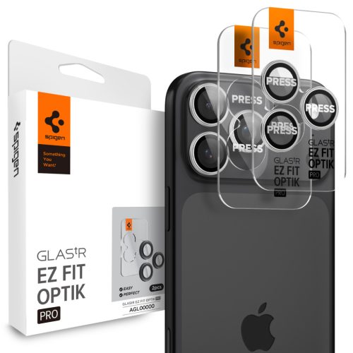 Spigen Glas.tR EZ Fit Optik Pro Apple iPhone 17 Pro / 17 Pro Max / 16 Pro / 16 Pro Max / 15 Pro / 15 Pro Max / 14 Pro / 14 Pro Max, Tempered kameralencse-védő fólia felhelyező kerettel, ezüst (2db)