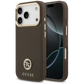   Guess 4G Grained Strass Logo Apple iPhone 17 Pro Max MagSafe tok kameravédő peremmel, barna-arany