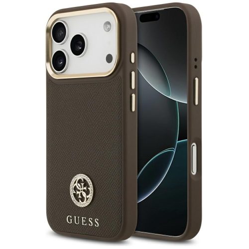 Guess 4G Grained Strass Logo Apple iPhone 17 Pro Max MagSafe tok kameravédő peremmel, barna-arany