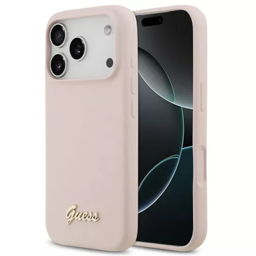 Guess Silicone Script Metal Logo Apple iPhone 17 Pro Max MagSafe tok, rózsaszín