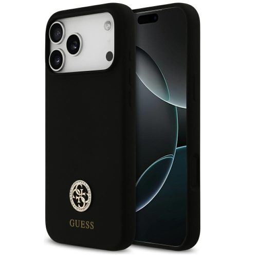 Guess Silicone Logo Strass 4G Apple iPhone 17 Pro Max MagSafe hátlap tok, fekete