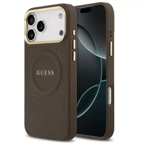 Guess Peony Hot Stamp Apple iPhone 17 Pro MagSafe tok kameravédő peremmel, barna-arany