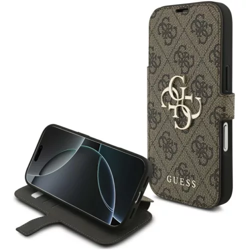 Guess Book 4G Metal Logo Apple iPhone 17 Pro Max oldalra nyíló tok kártyatartóval, barna