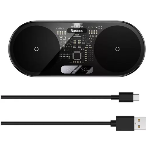 Baseus 2in1 vezeték nélküli töltő, digitális LED kijelzővel, Qi, USB-C-USB-A kábellel, 20W