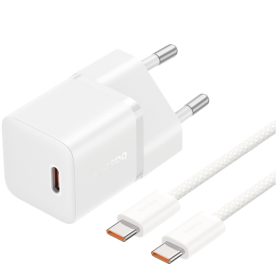  Baseus GaN5 Mini USB-C hálózati gyorstöltő adapter 20W, + USB-C-USB-C fonott kábel, 100W, fehér