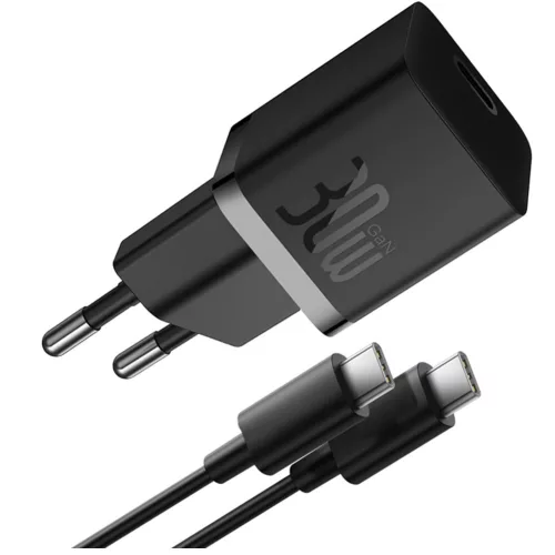 Baseus GaN5 Mini USB-C hálózati gyorstöltő adapter 30W, + USB-C-USB-C fonott kábel, 100W, fekete