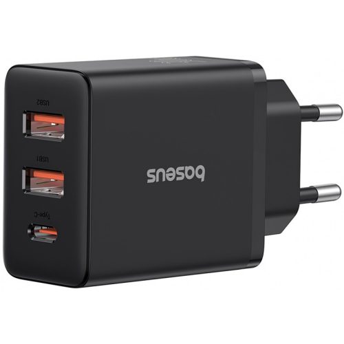 Baseus Cube USB-C-2xUSB-A hálózati gyorstöltő adapter, 3A, 30W, fekete